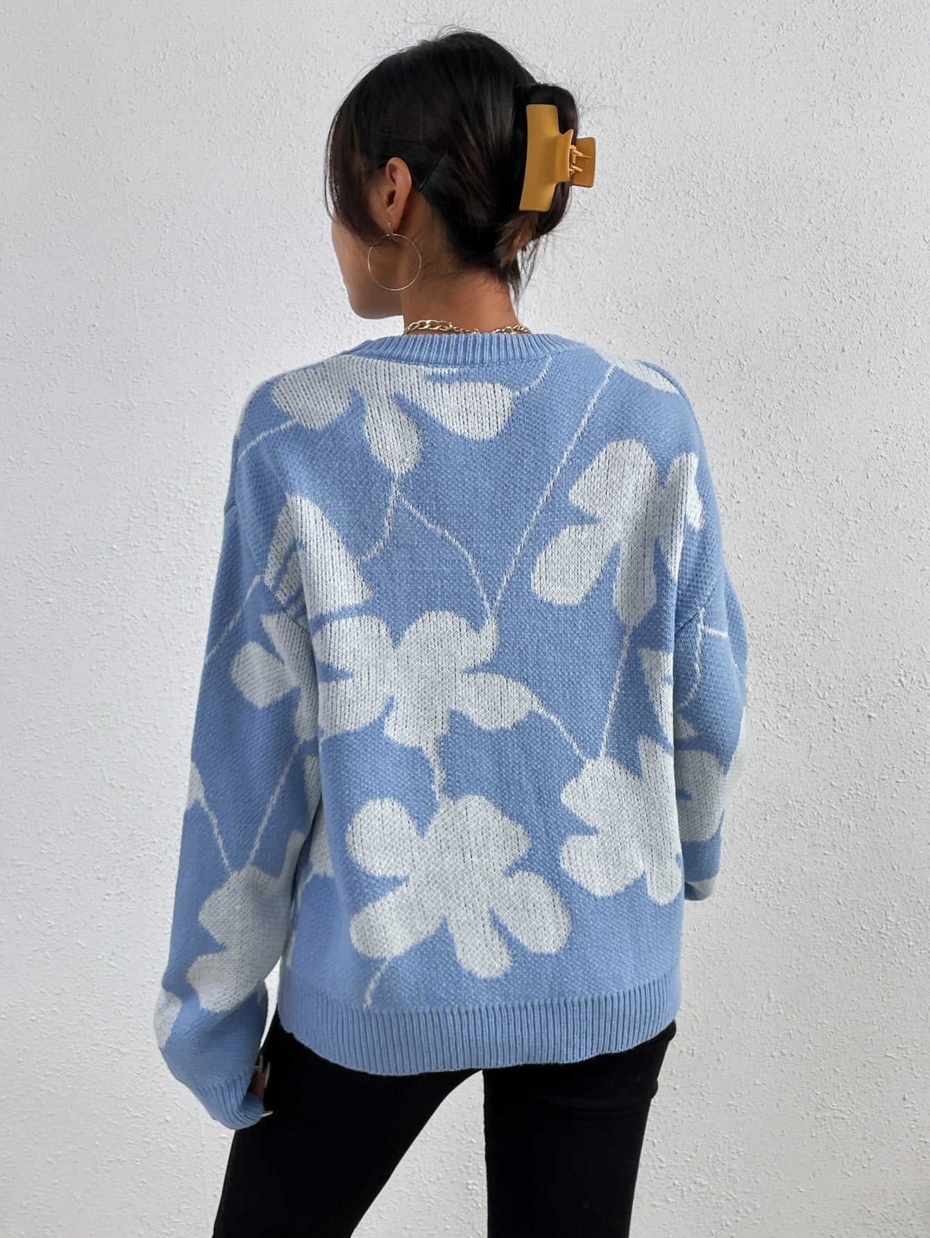 Drop Shoulder Floral Pattern Sweater