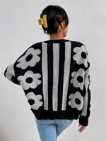 Striped & Floral Pattern Drop Shoulder Sweater