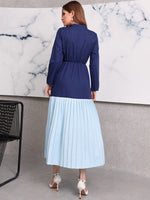 Two Tone Pleated Hem Tie Neck Dress Without Belt