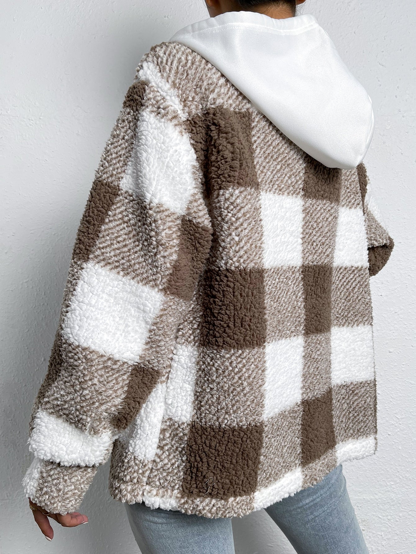 Buffalo Plaid Pattern Flap Pocket Drawstring Hooded Teddy Coat