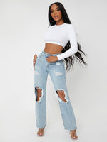 Ripped Cut Out Straight Leg Jeans