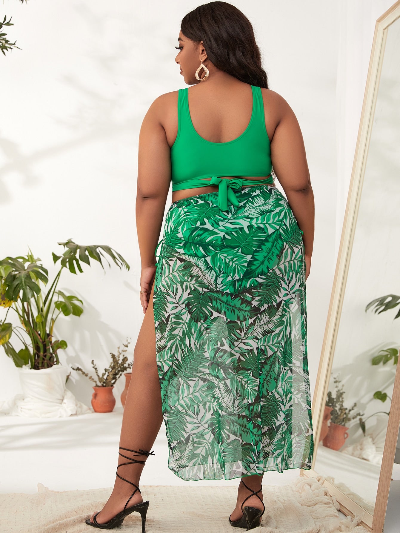 3pack Plus Leaf Print Wrap Bikini Swimsuit & Beach Skirt