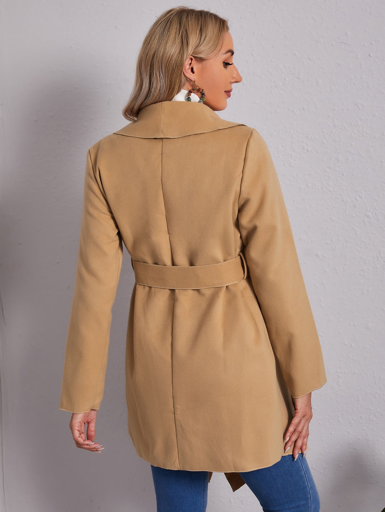 Waterfall Collar Open Front Belted Coat