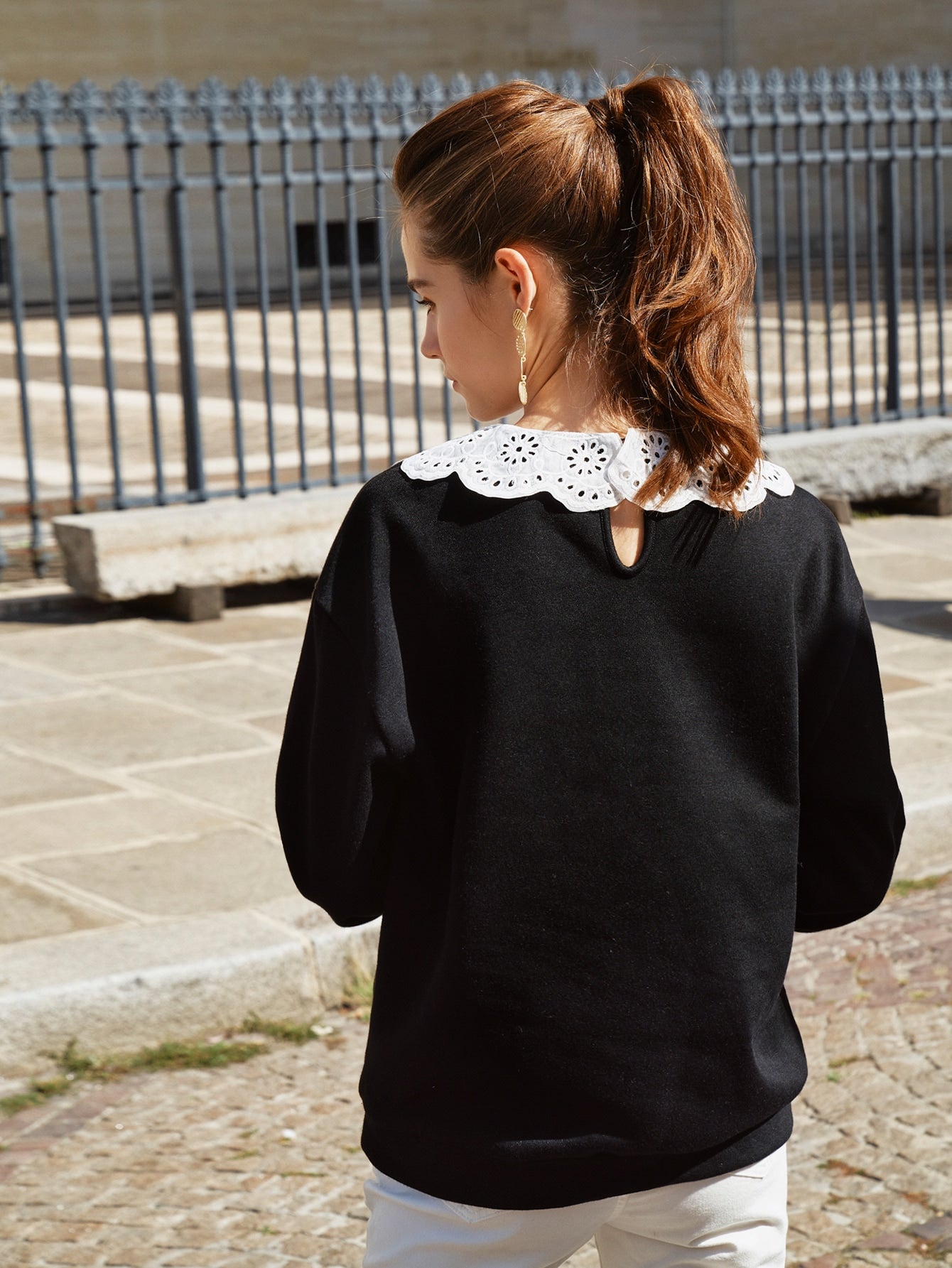 Eyelet Embroidery Peter-pan Collar Drop Shoulder Sweatshirt