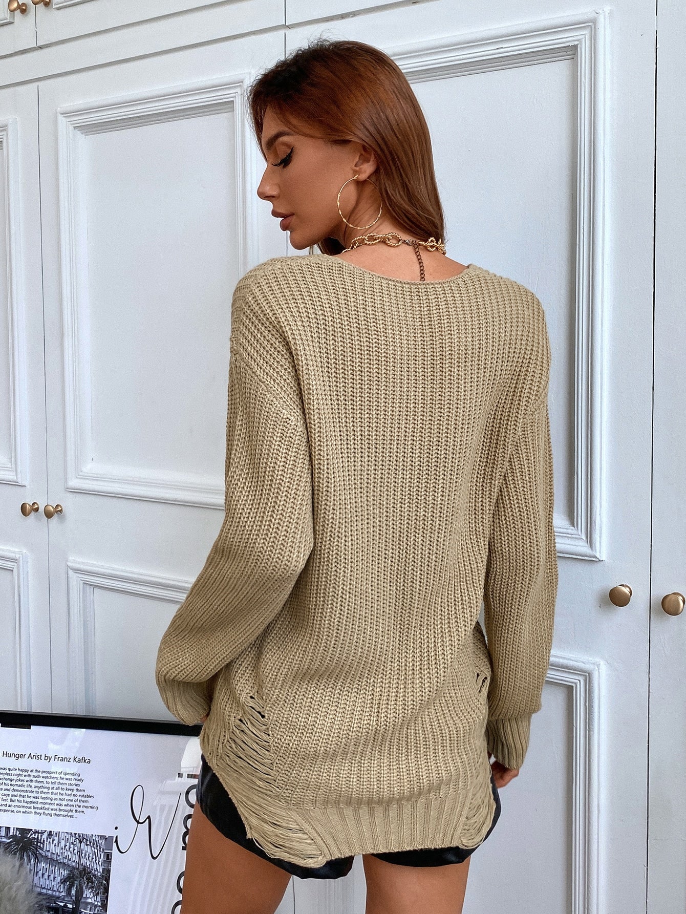 Drop Shoulder Distressed Cable Knit Sweater