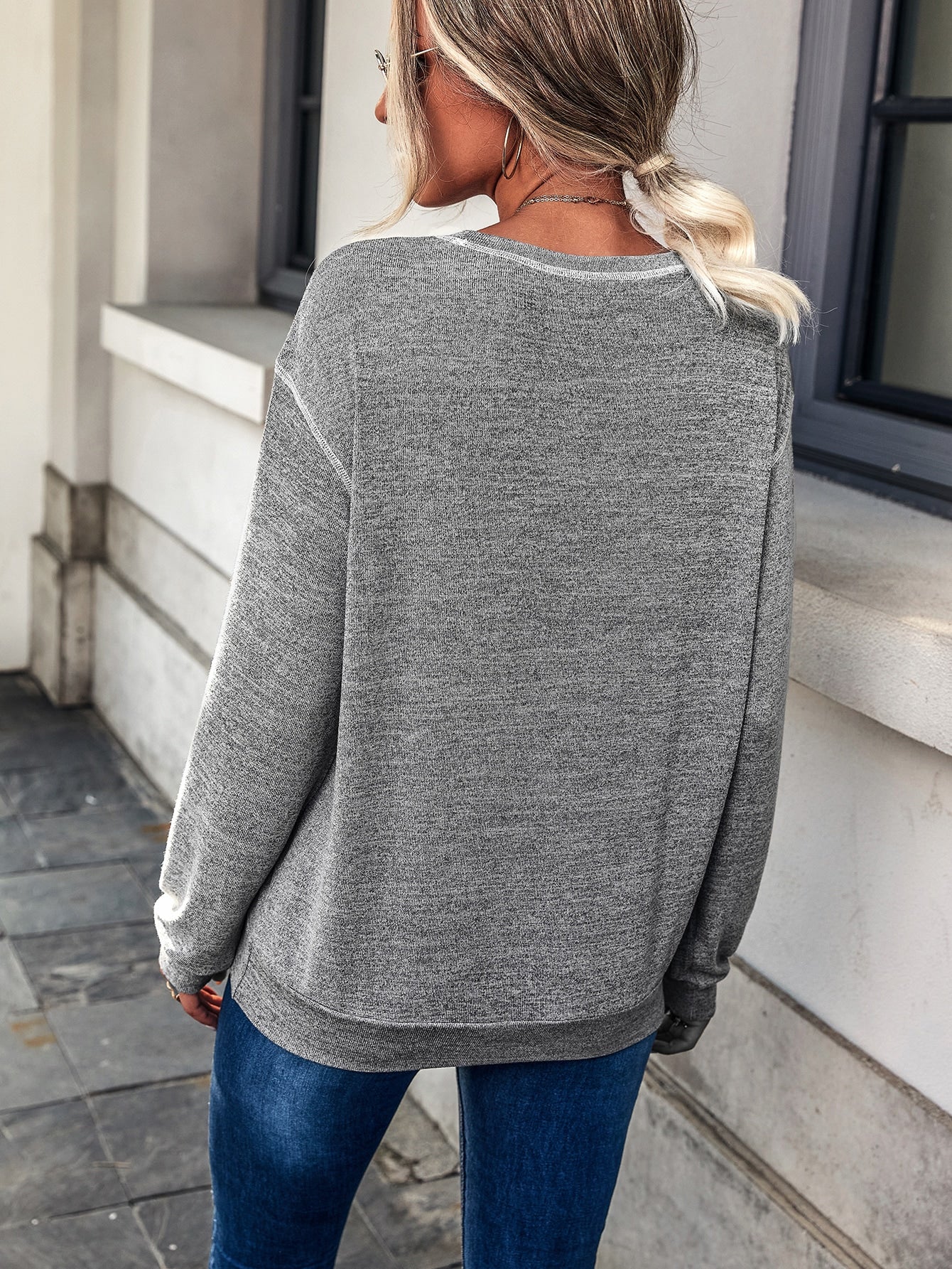 Guipure Lace Appliques Top-stitching Drop Shoulder Sweatshirt