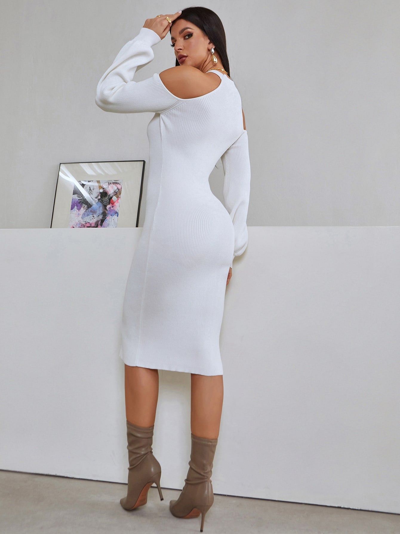 Cold Shoulder Bodycon Sweater Dress Without Belt