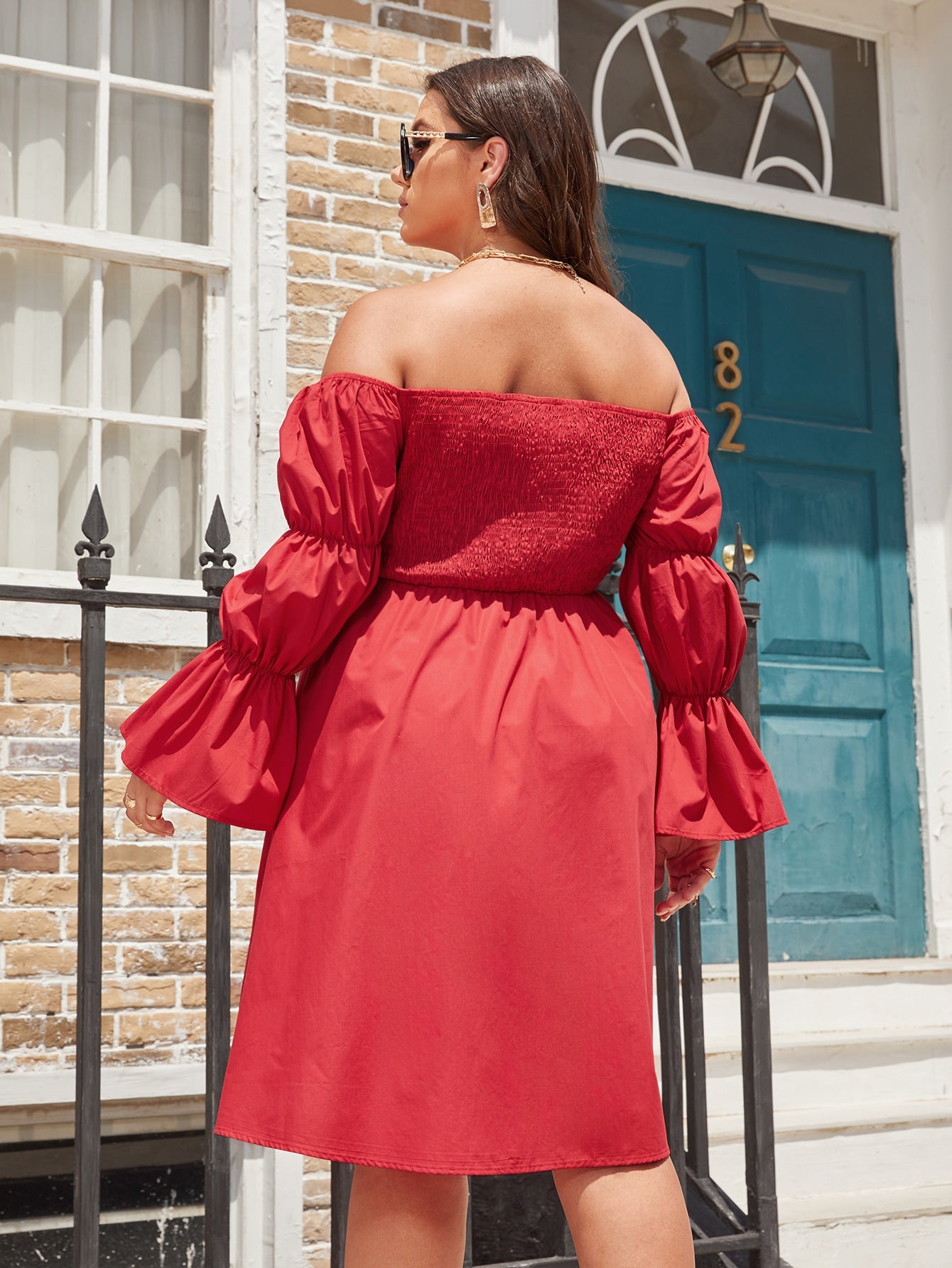 Plus Off Shoulder Gathered Sleeve Shirred Dress