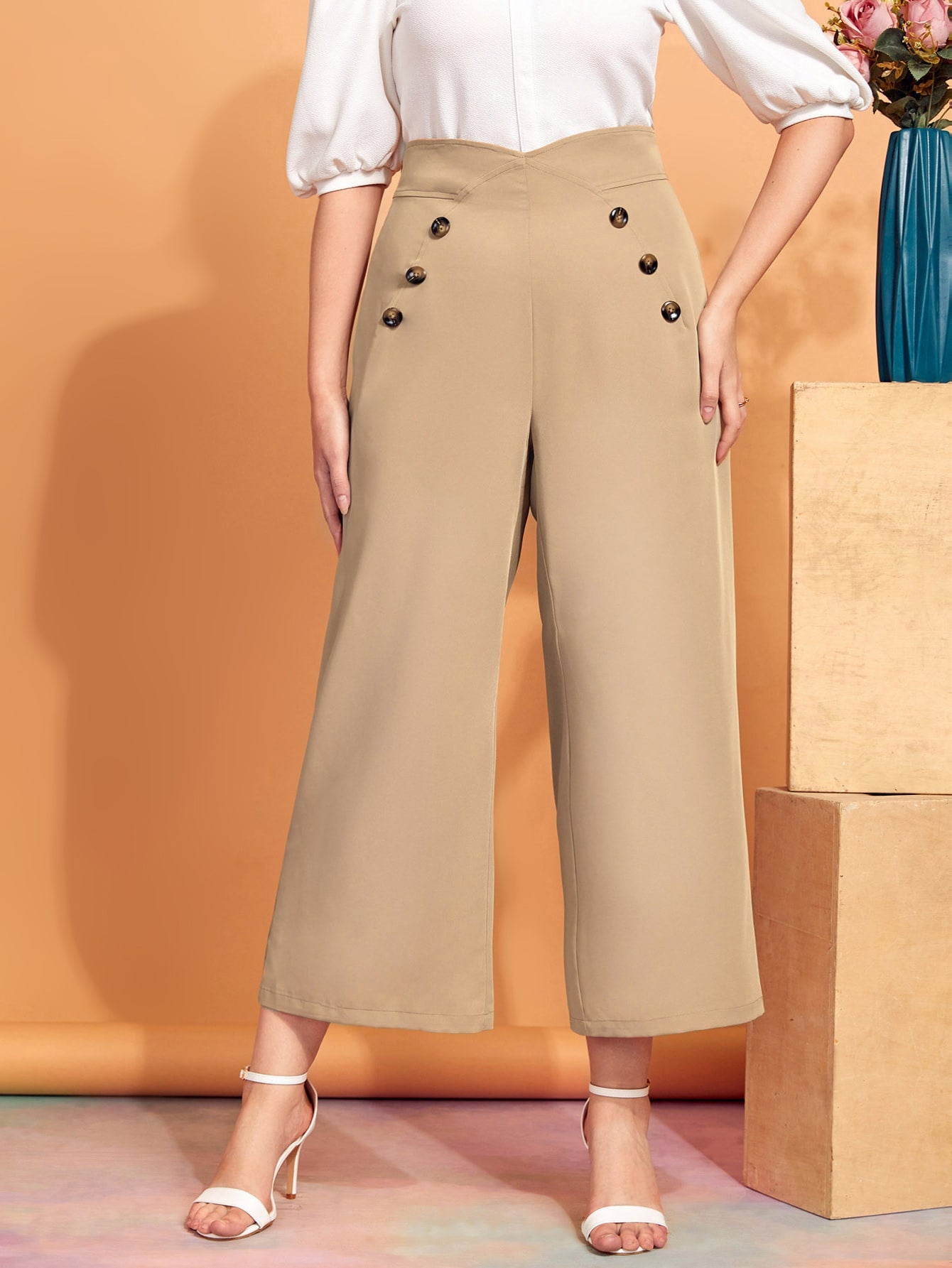 Plus High Waist Fake Button Wide Leg Pants