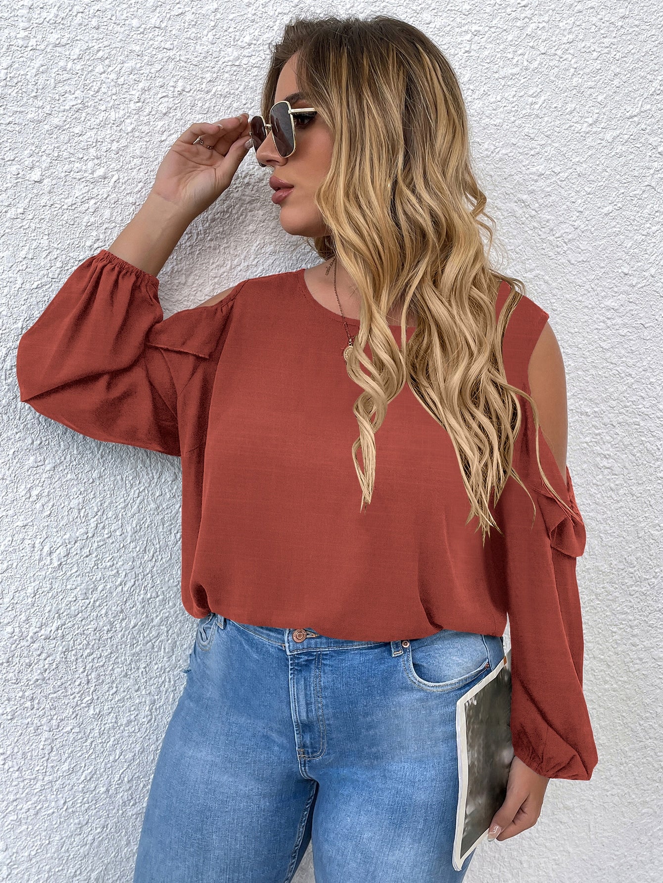 Plus Solid Cold Shoulder Ruffle Trim Blouse