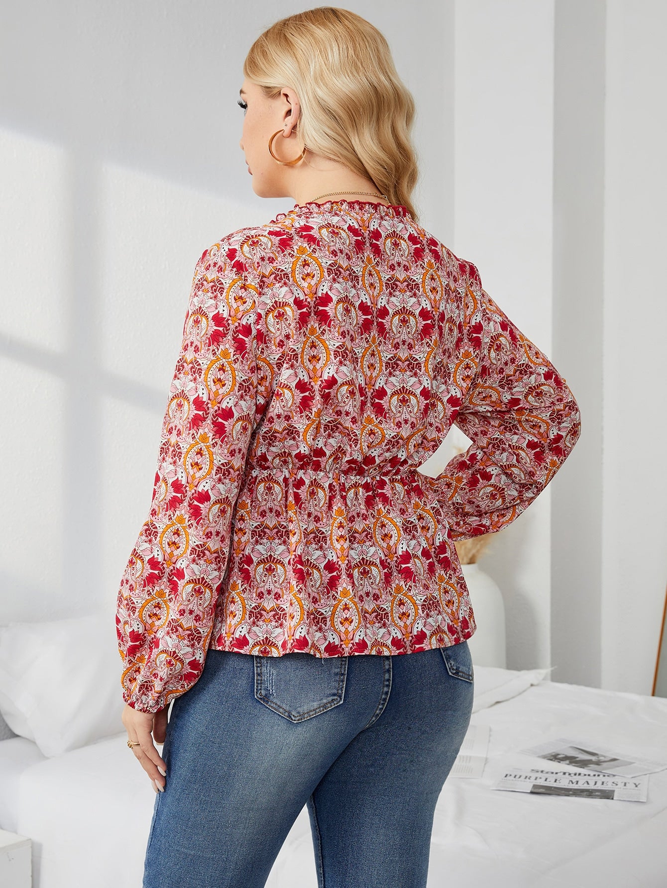 Plus Floral Print Lantern Sleeve Knot Front Peplum Blouse