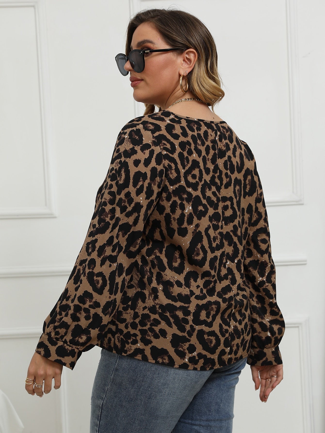 Plus Leopard Print V Neck Blouse