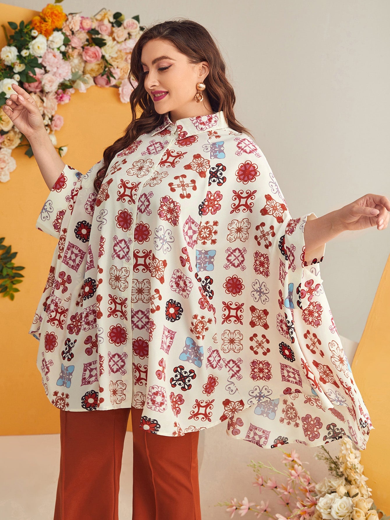 Plus Collared Batwing Sleeve Floral Print Blouse