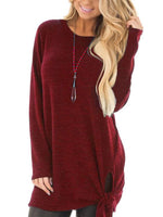 Wholesale Round Neck Lace-Up Long Sleeve Slit Hem Burgundy T-Shirts