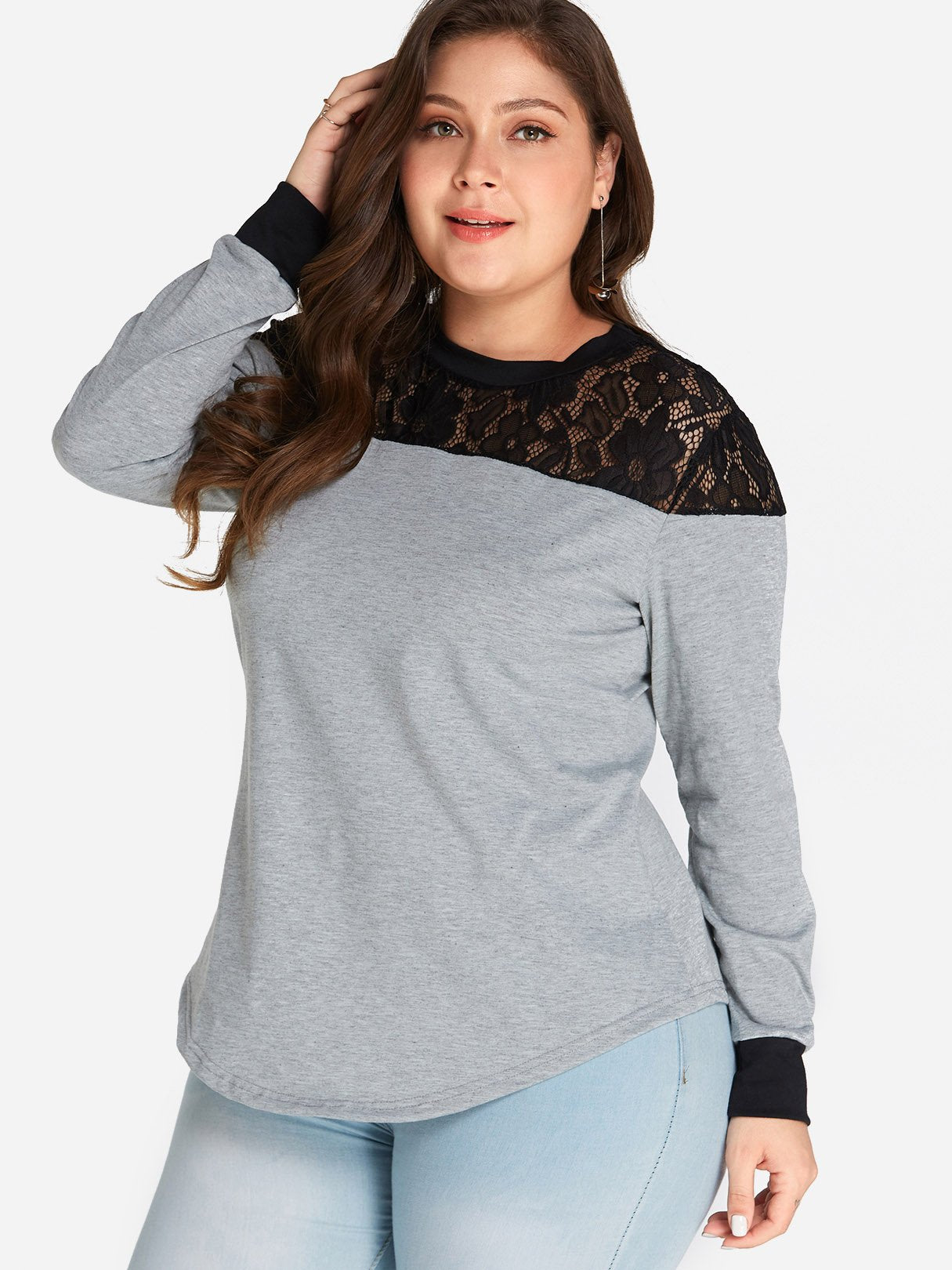 Wholesale Round Neck Plain Lace Insert Long Sleeve Curved Hem Grey Plus Size Tops