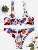 Wholesale White Sleeveless Floral Print Self-Tie Bikini Set Swimwear