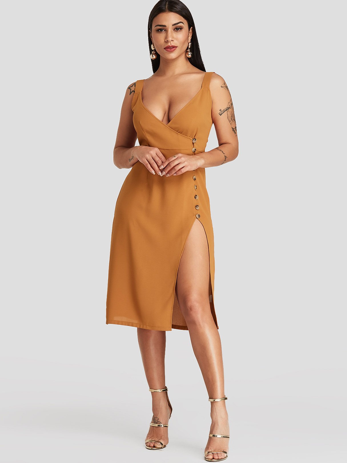 NEW FEELING Womens Yellow V-Neck Dresses