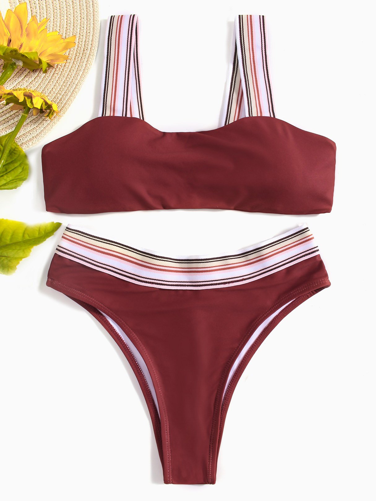 Wholesale Burgundy Sleeveless Plain Spaghetti Strap Two Piece Bikinis