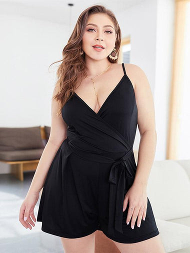 Wholesale Deep V Neck Crossed Front Self-Tie Sleeveless Black Plus Size Bottoms