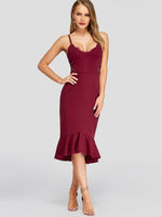 Wholesale Burgundy V-Neck Sleeveless Plain Lace Backless Hollow Spaghetti Strap Flounced Hem Sexy Dresses