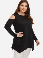 Wholesale Round Neck Plain Cut Out Long Sleeve Handkerchief Hem Black Plus Size Tops