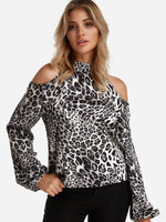 Wholesale Halter Cold Shoulder Leopard Long Sleeve Grey Blouses