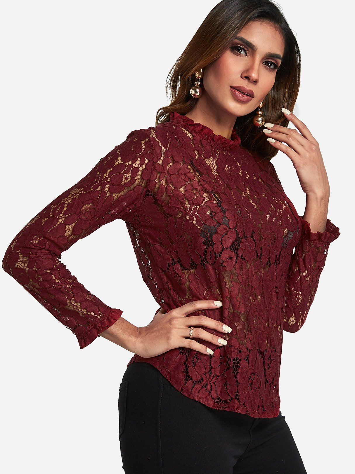 Wholesale Round Neck Lace Long Sleeve See-Through Top