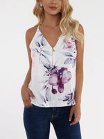 Wholesale V-Neck Floral Print Zip Back Sleeveless White Camis