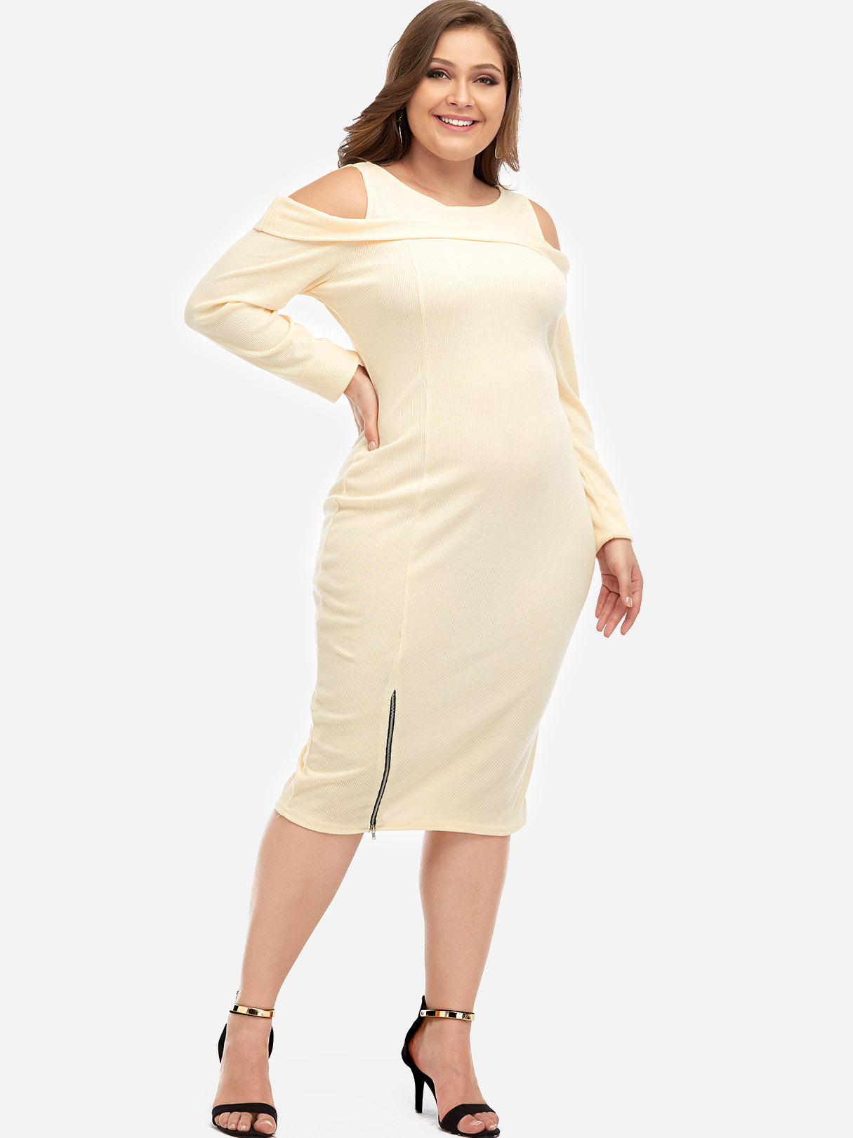 Wholesale Round Neck Cold Shoulder Plain Zip Back Cut Out Long Sleeve Cream Plus Size Dresses