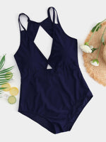 Wholesale Deep V Neck Plain Cut Out Sleeveless Navy Plus Size Swimwear