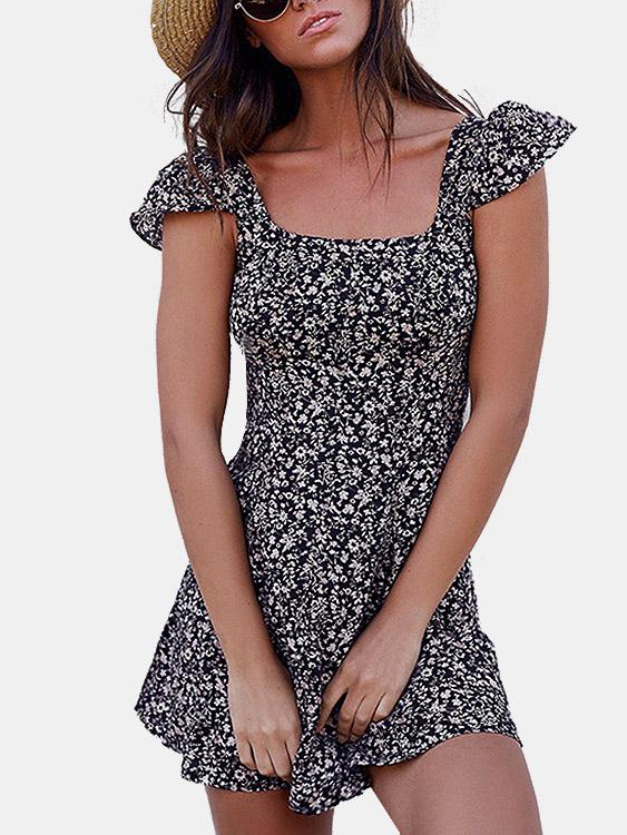 Wholesale Blue Sleeveless Floral Print Lace-Up Mini Dress