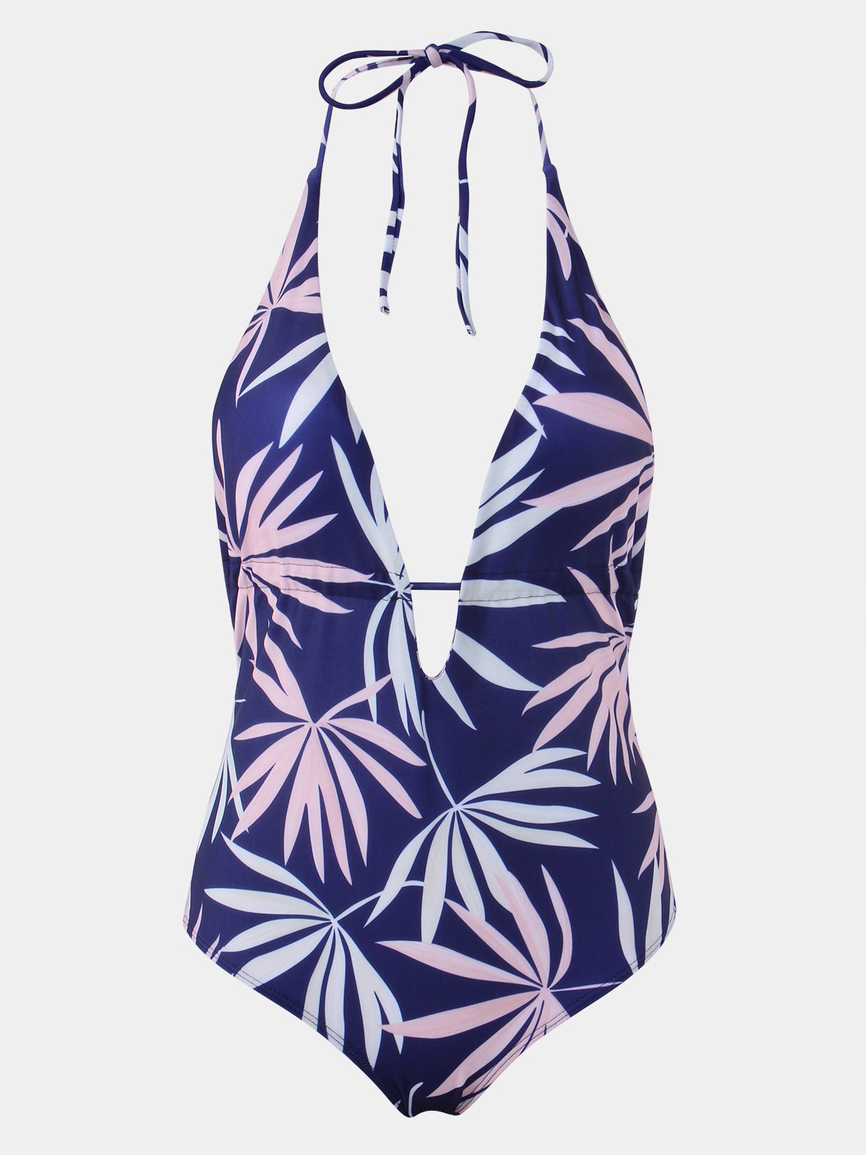 Wholesale Blue Halter Deep V Neck Sleeveless Printed One-Pieces Swimwears