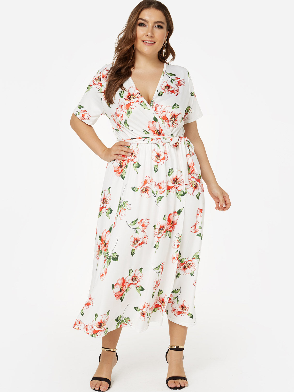 Wholesale V-Neck Floral Print Short Sleeve Slit Hem Plus Size Dresses