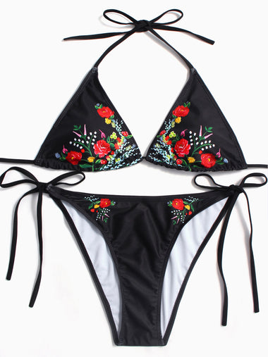 Wholesale V-Neck Floral Print Embroidered Sleeveless Black Plus Size Swimwear