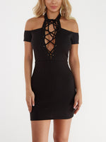 Wholesale Black Halter Off The Shoulder Short Sleeve Zip Back Lace-Up Bodycon Hem High-Waisted Sexy Dresses
