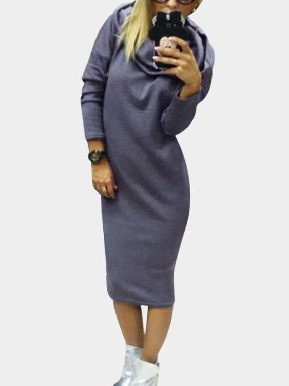 Wholesale Long Sleeve Hooded Grey Midi Dress