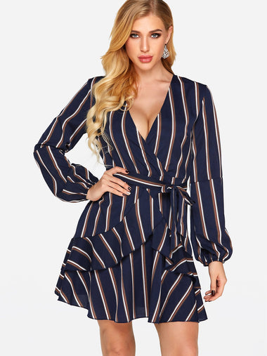 Wholesale Navy Crossed Collar Deep V Neck Long Sleeve Stripe Belt Wrap Irregular Hem Sexy Dress