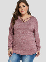 Wholesale Plain Long Sleeve Curved Hem Pink Plus Size Tops