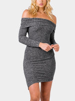 Wholesale Grey Off The Shoulder Long Sleeve Plain Irregular Hem Sexy Dresses