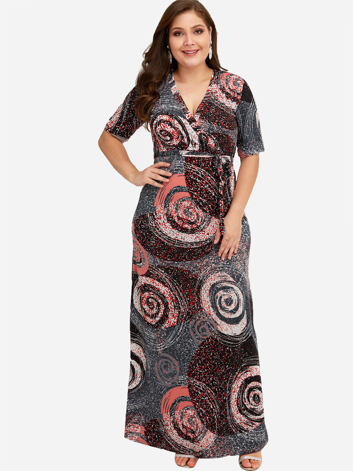 Wholesale V-Neck Fantasy Colour Self-Tie Wrap Half Sleeve Plus Size Maxi Dresses