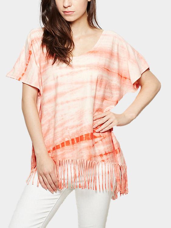 Wholesale Round Neck Stripe Tassel Half Sleeve Orange T-Shirts