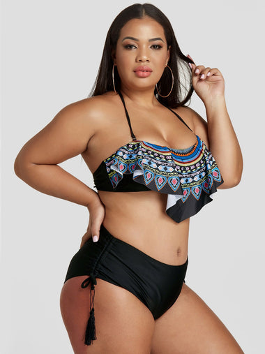 Wholesale Tribal Print Tiered Tie-Up Sleeveless Tassel Hem Plus Size Swimwear