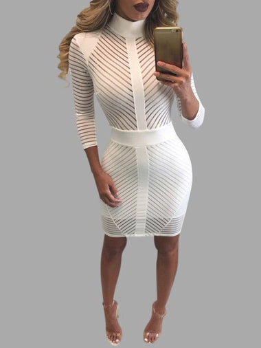 Wholesale White High Neck Long Sleeve Stripe Plain Bodycon Dresses