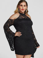 Wholesale Plain Lace Cut Out Long Sleeve Bodycon Hem Black Plus Size Dress