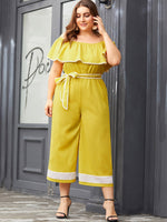 Wholesale Off The Shoulder Plain Wide Leg Self-Tie Ruffle Trim Short Sleeve Lime Plus Size Bottoms