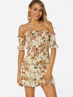 Wholesale Apricot Off The Shoulder Short Sleeve Floral Print Flounced Hem Dresses