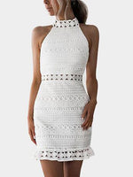 Wholesale White Crew Neck Sleeveless Plain Lace Zip Back Cut Out Sexy Dress