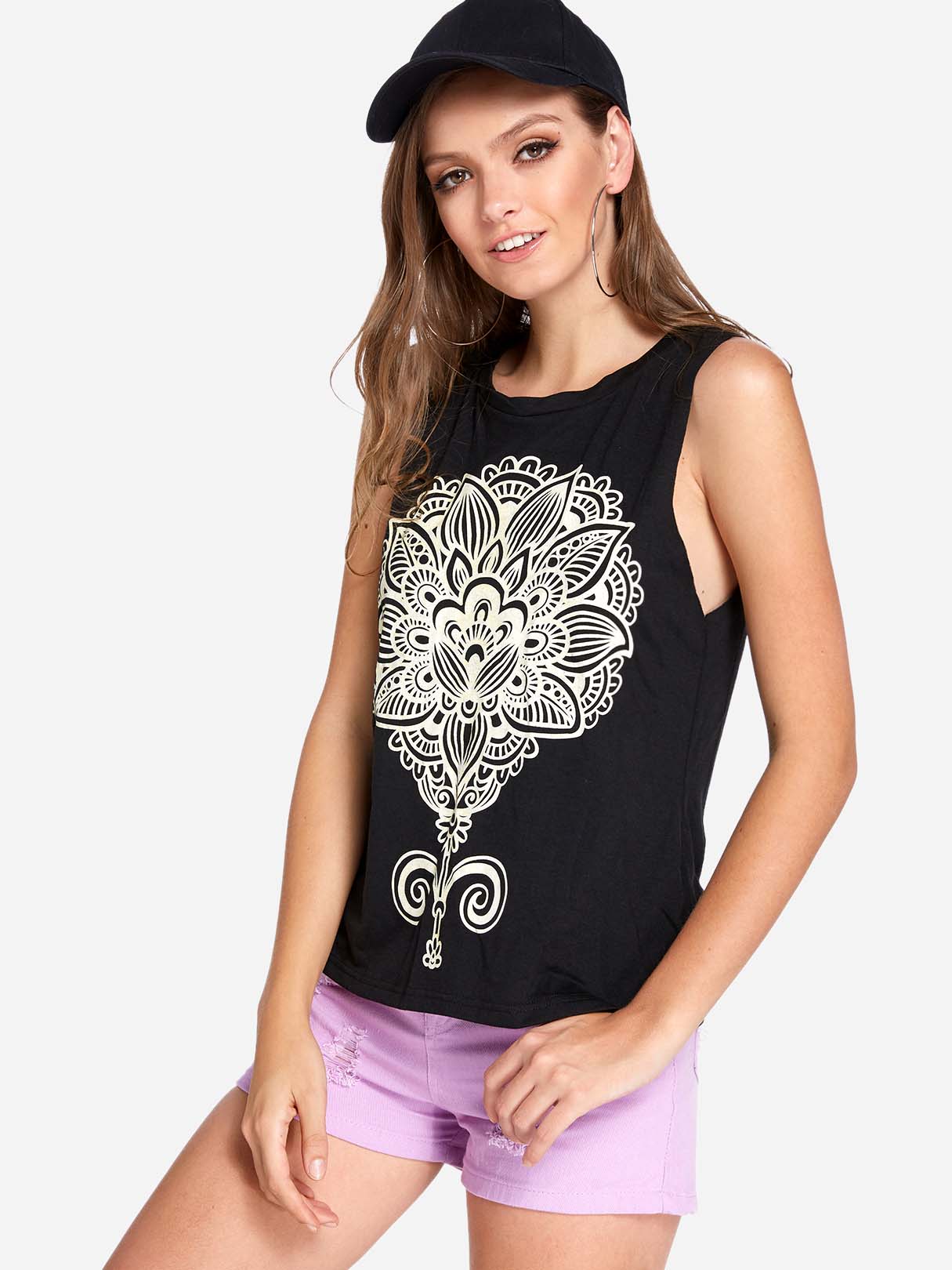 Wholesale Round Neck Printed Sleeveless Black Tank Top