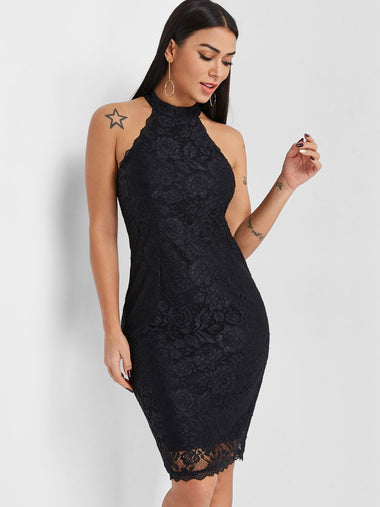 Wholesale Halter Sleeveless Lace Zip Back Slit Dresses