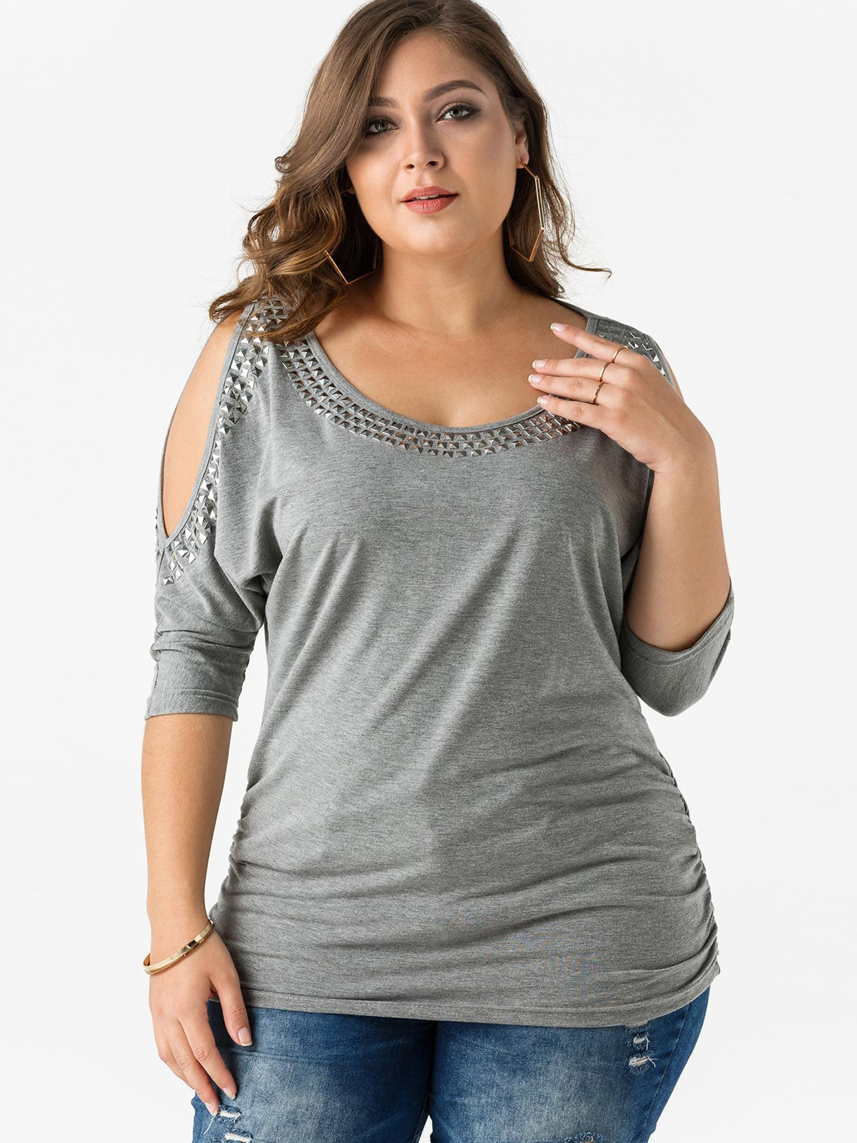 Wholesale Scoop Neck Plain Sequins Embellished Half Sleeve Grey Plus Size Tops